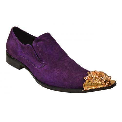 Fiesso Plum Purple Genuine Suede Loafer Shoes With Gold Metal Lion Tip FI6909